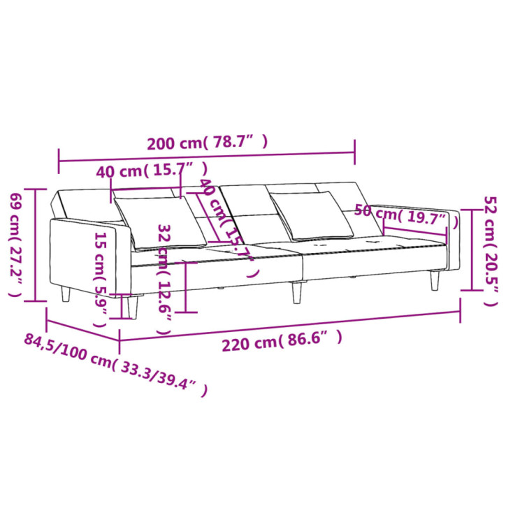 Dvivietė sofa-lova su dvejomis pagalvėmis, pilka, aksomas