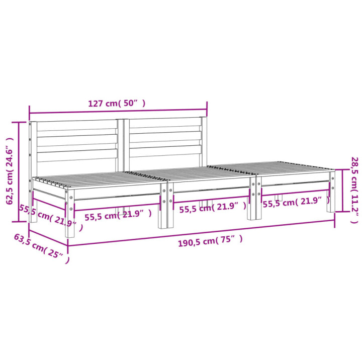 Trivietė sodo sofa, baltos spalvos, pušies medienos masyvas