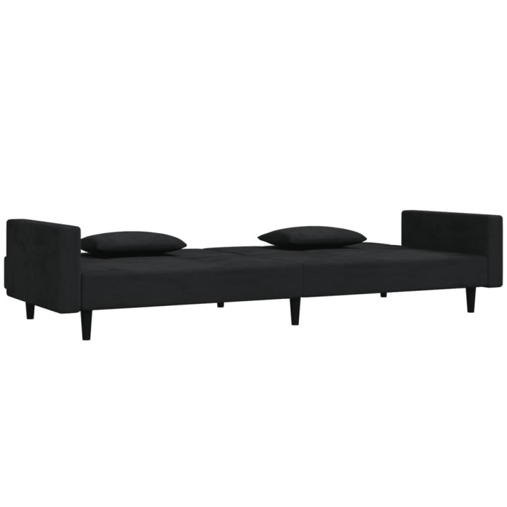 Dvivietė sofa-lova su dvejomis pagalvėmis, juoda, aksomas