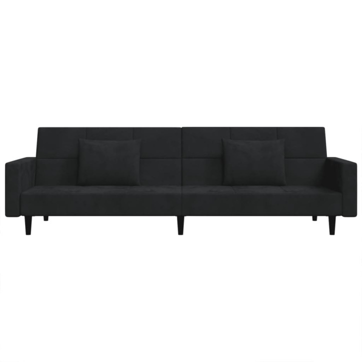 Dvivietė sofa-lova su dvejomis pagalvėmis, juoda, aksomas