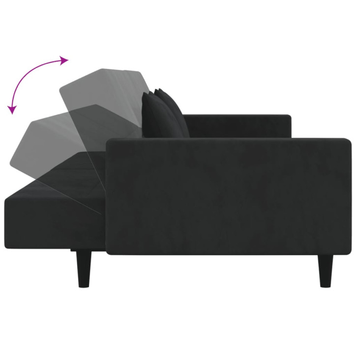 Dvivietė sofa-lova su dvejomis pagalvėmis, juoda, aksomas