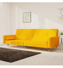 Dvivietė sofa-lova su dvejomis pagalvėmis, geltona, aksomas