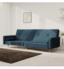 Dvivietė sofa-lova su dvejomis pagalvėmis, mėlyna, aksomas