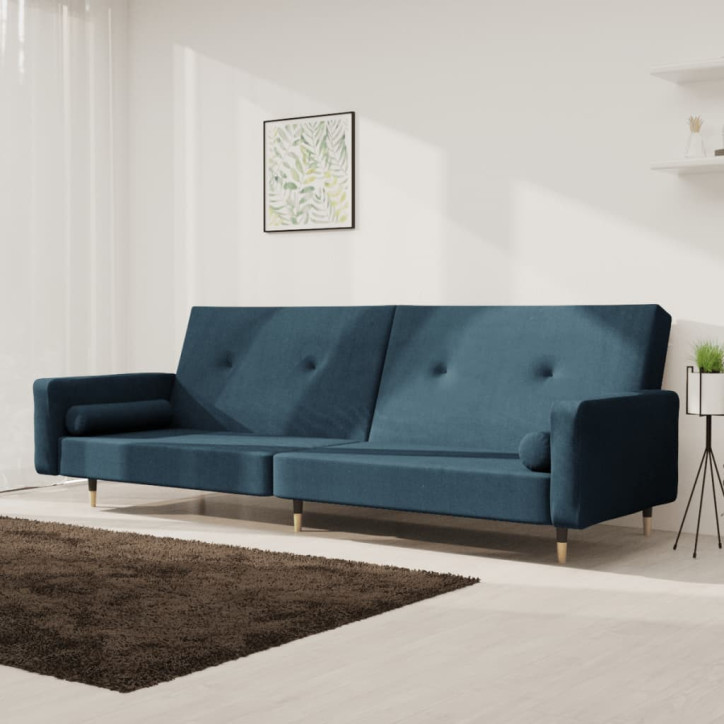 Dvivietė sofa-lova su dvejomis pagalvėmis, mėlyna, aksomas