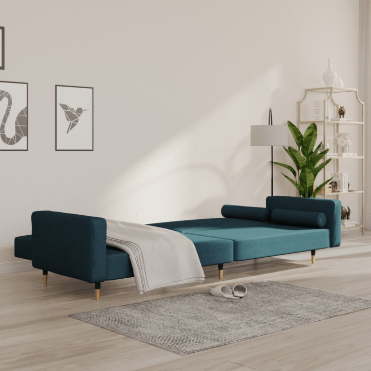 Dvivietė sofa-lova su dvejomis pagalvėmis, mėlyna, aksomas