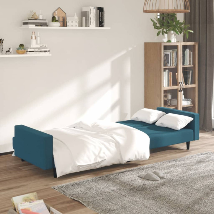 Dvivietė sofa-lova, mėlynos spalvos, aksomas