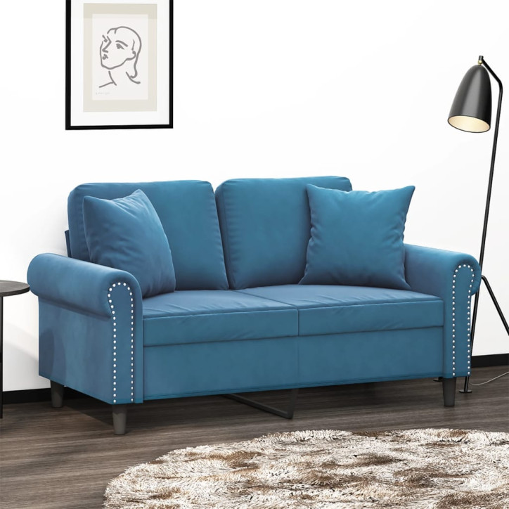 Dvivietė sofa su pagalvėlėmis, mėlynos spalvos, 120cm, aksomas