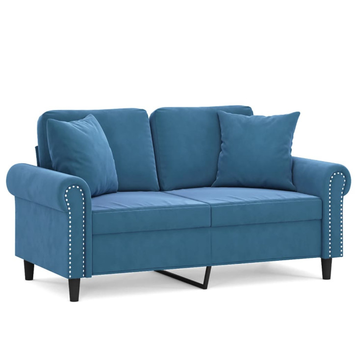 Dvivietė sofa su pagalvėlėmis, mėlynos spalvos, 120cm, aksomas