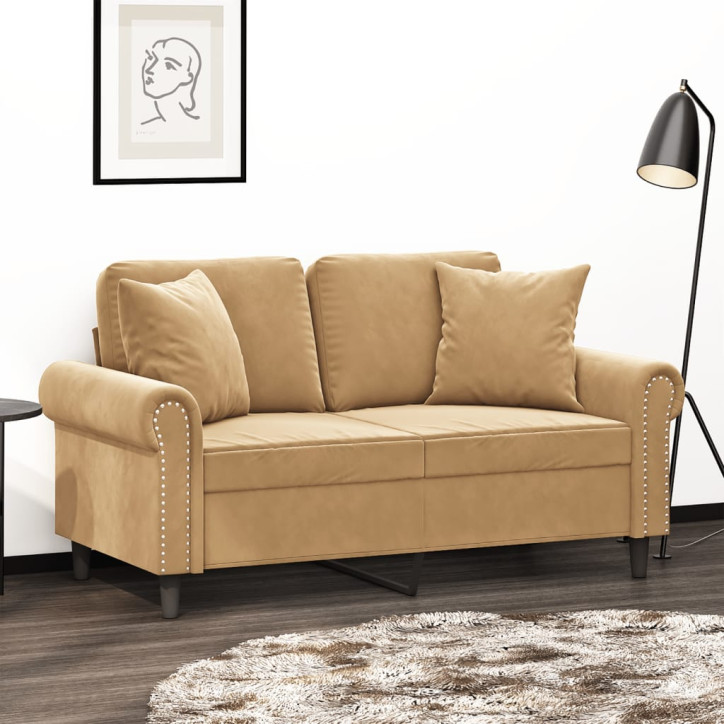 Dvivietė sofa su pagalvėlėmis, rudos spalvos, 120cm, aksomas