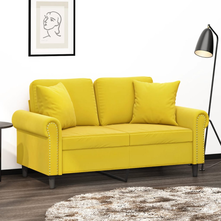 Dvivietė sofa su pagalvėlėmis, geltonos spalvos, 120cm, aksomas