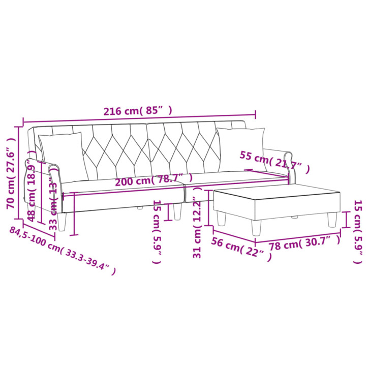 Dvivietė sofa-lova su pagalvėmis ir pakoja, pilka, aksomas