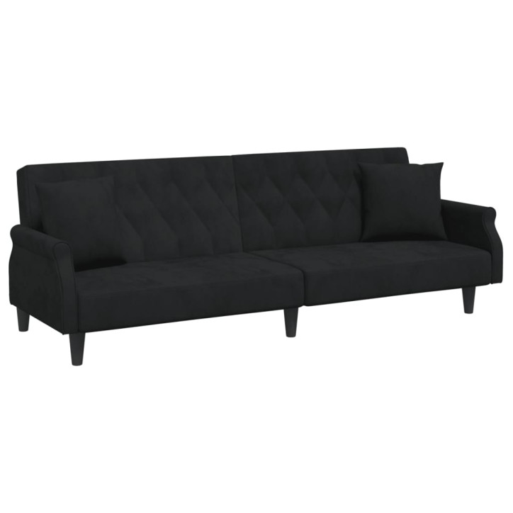 Dvivietė sofa-lova su pagalvėmis ir pakoja, juoda, aksomas