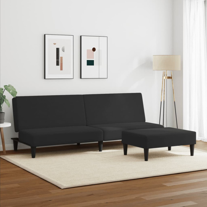 Dvivietė sofa-lova su pakoja, juodos spalvos, aksomas