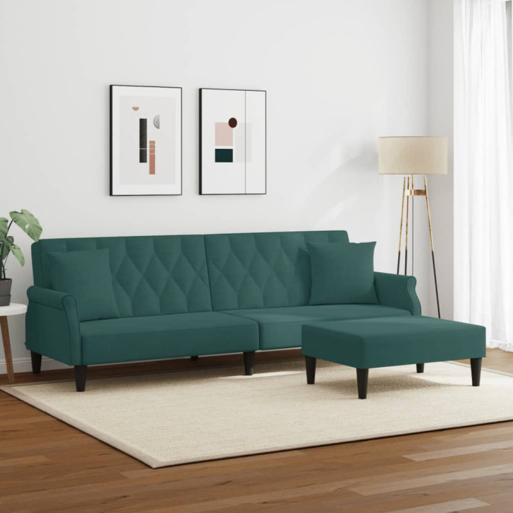 Dvivietė sofa-lova su pagalvėmis ir pakoja, žalia, aksomas