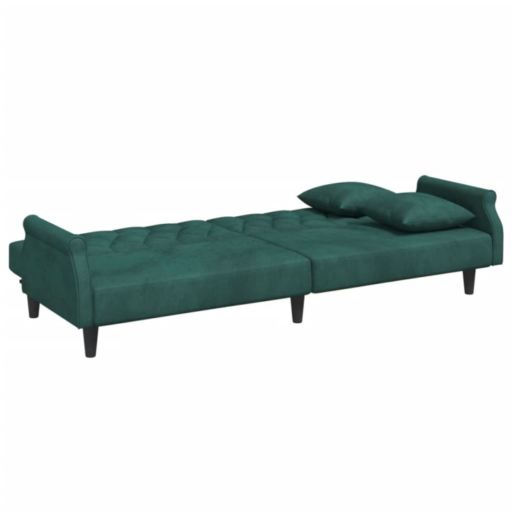 Dvivietė sofa-lova su pagalvėmis ir pakoja, žalia, aksomas