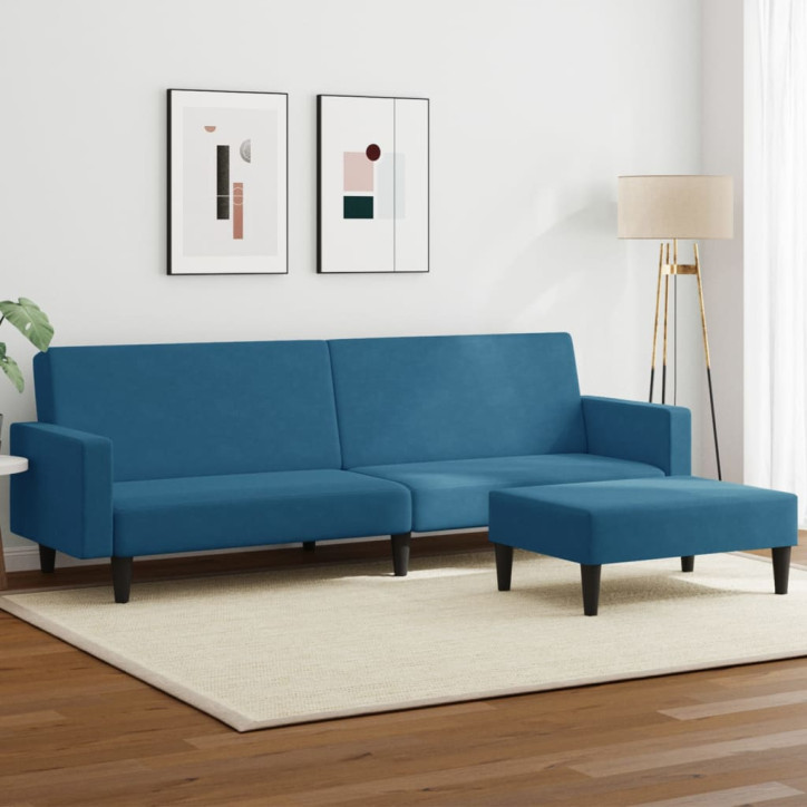 Dvivietė sofa-lova su pakoja, mėlynos spalvos, aksomas