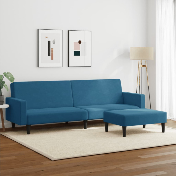 Dvivietė sofa-lova su pakoja, mėlynos spalvos, aksomas