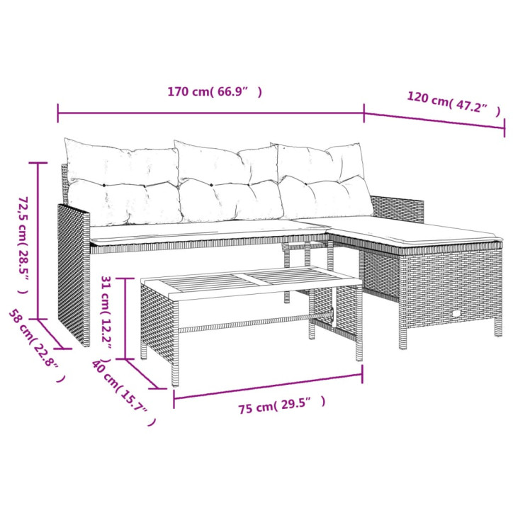 Sodo sofa su stalu/pagalvėlėmis, juoda, poliratanas, L formos