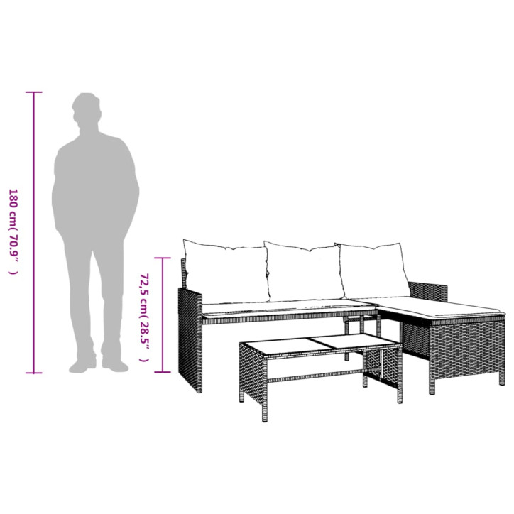 Sodo sofa su stalu/pagalvėlėmis, juoda, poliratanas, L formos