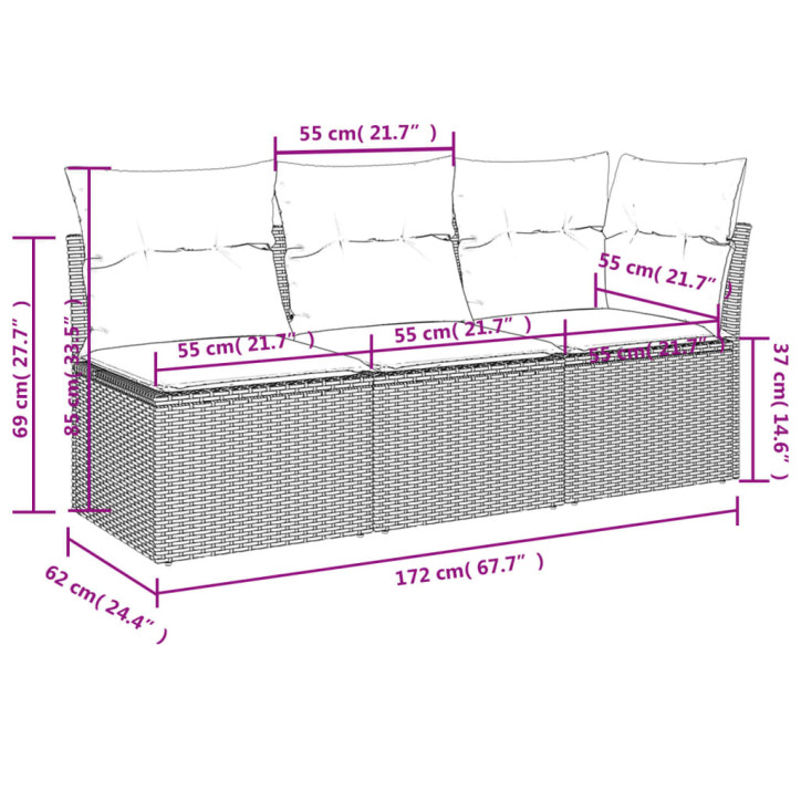 Trivietė sodo sofa su pagalvėlėmis, ruda, poliratanas