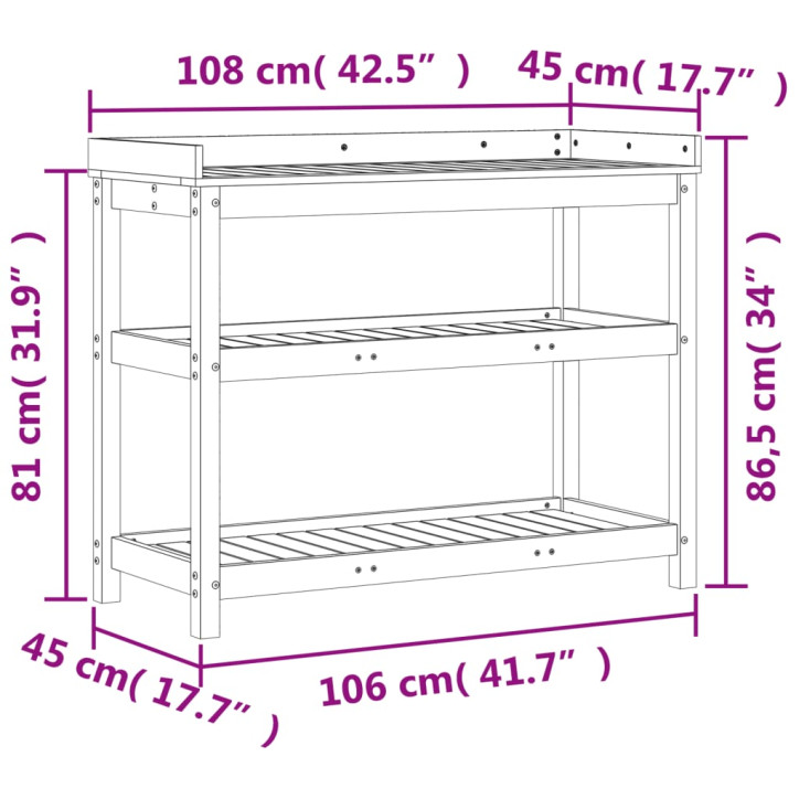 Sodinimo stalas su lentynomis, rudas, 108x45x86,5cm, pušis