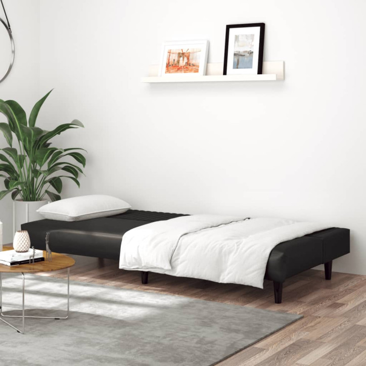 Dvivietė sofa-lova, juodos spalvos, dirbtinė oda