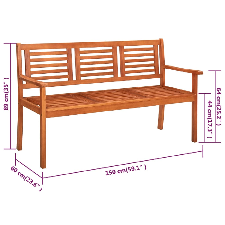 Trivietis sodo suoliukas su pagalvėle, 150cm, eukalipto masyvas