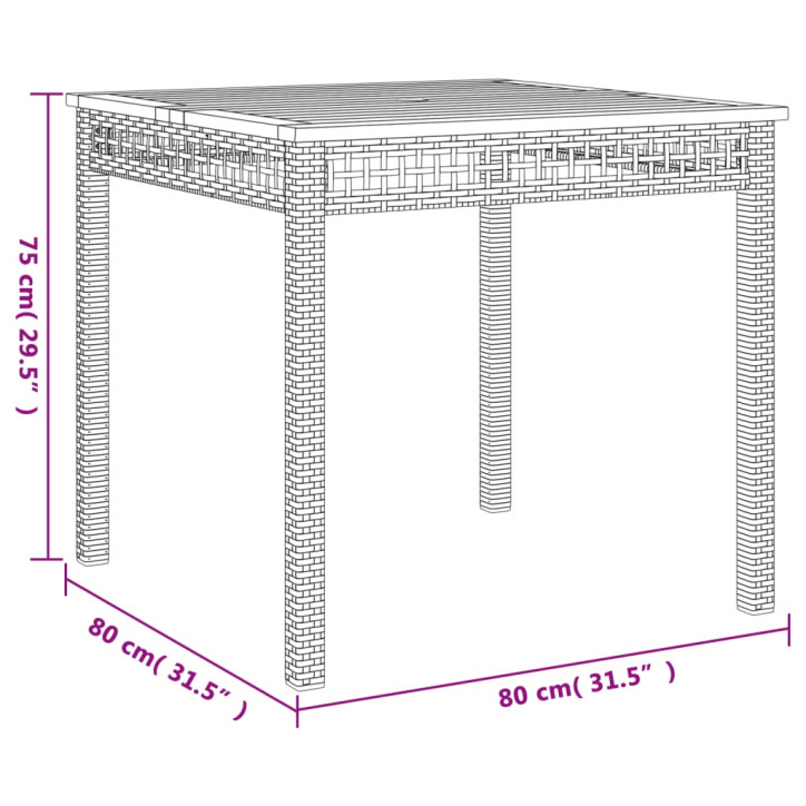 Sodo stalas, juodas, 80x80x75cm, poliratanas/akacijos mediena