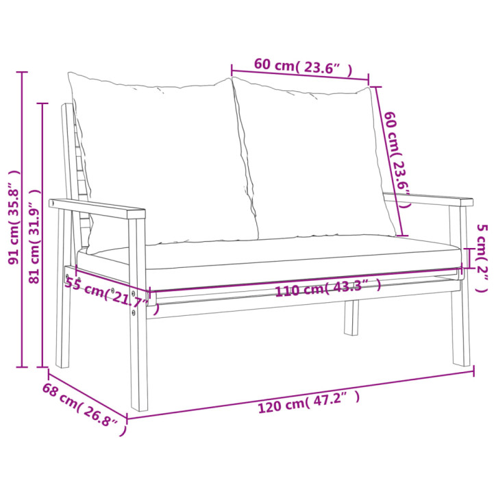 Sodo sofa-suoliukas su pagalvėlėmis, 120cm, akacijos masyvas