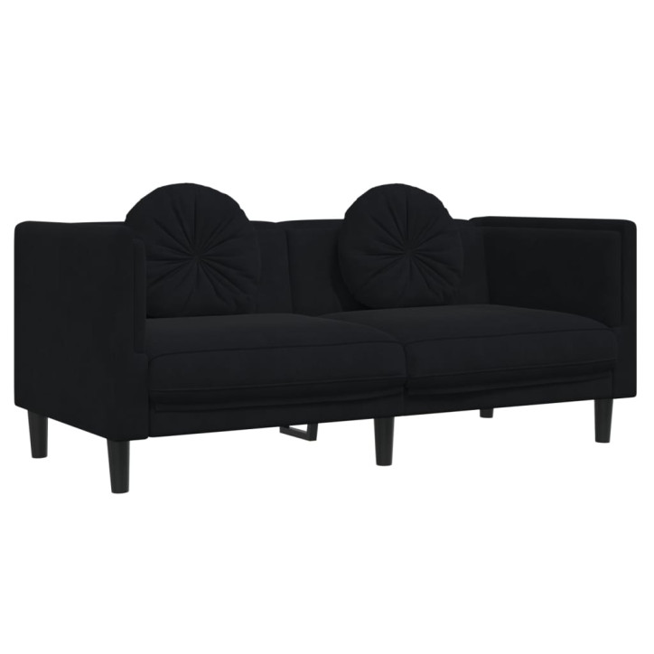 Dvivietė sofa su pagalvėlėmis, juodos spalvos, aksomas