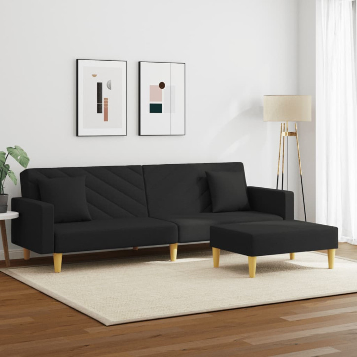 Dvivietė sofa-lova su pagalvėmis ir pakoja, juoda, audinys