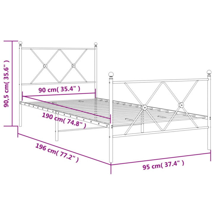 Lovos rėmas su galvūgaliu/kojūgaliu, baltas, 90x190cm, metalas