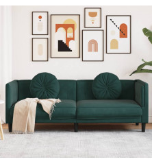 Trivietė sofa su pagalvėlėmis, tamsiai žalios spalvos, aksomas