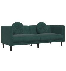 Trivietė sofa su pagalvėlėmis, tamsiai žalios spalvos, aksomas