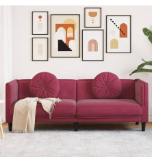 Trivietė sofa su pagalvėlėmis, vyno raudonos spalvos, aksomas