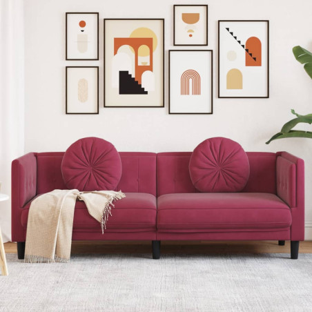 Trivietė sofa su pagalvėlėmis, vyno raudonos spalvos, aksomas