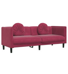 Trivietė sofa su pagalvėlėmis, vyno raudonos spalvos, aksomas