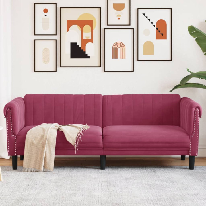 Trivietė sofa, raudonojo vyno spalvos, aksomas