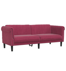 Trivietė sofa, raudonojo vyno spalvos, aksomas