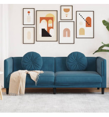 Trivietė sofa su pagalvėlėmis, mėlynos spalvos, aksomas