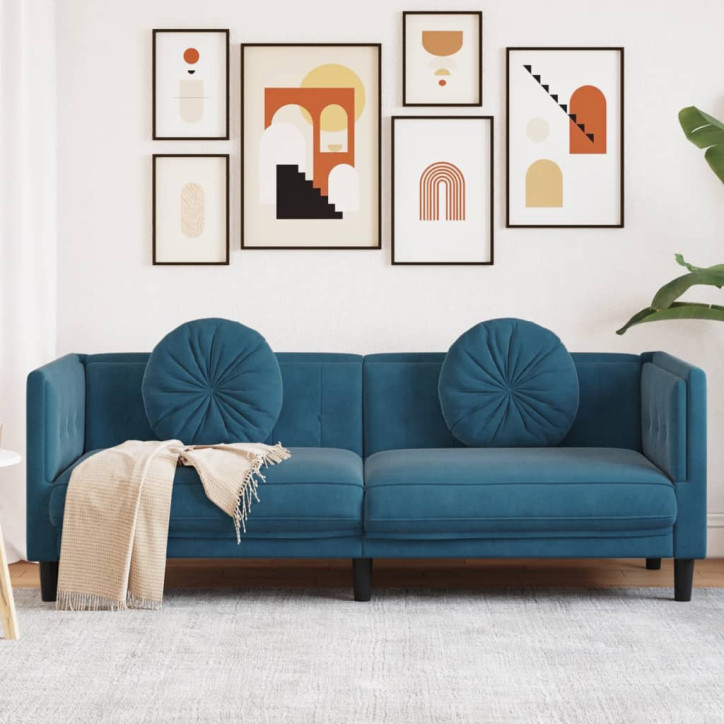 Trivietė sofa su pagalvėlėmis, mėlynos spalvos, aksomas