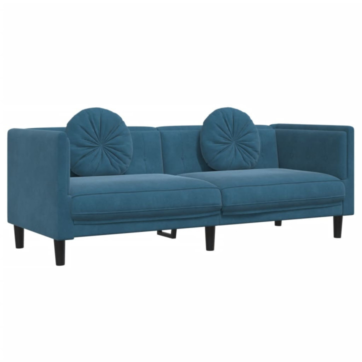 Trivietė sofa su pagalvėlėmis, mėlynos spalvos, aksomas