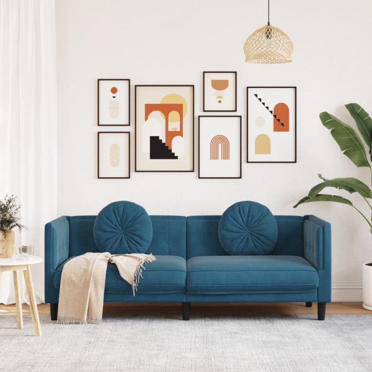 Trivietė sofa su pagalvėlėmis, mėlynos spalvos, aksomas