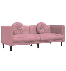 Trivietė sofa su pagalvėlėmis, rožinės spalvos, aksomas