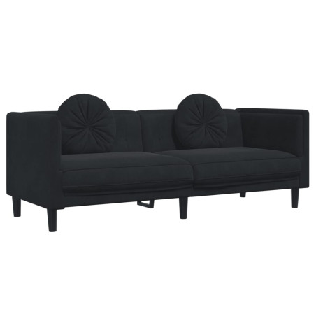 Trivietė sofa su pagalvėlėmis, juodos spalvos, aksomas