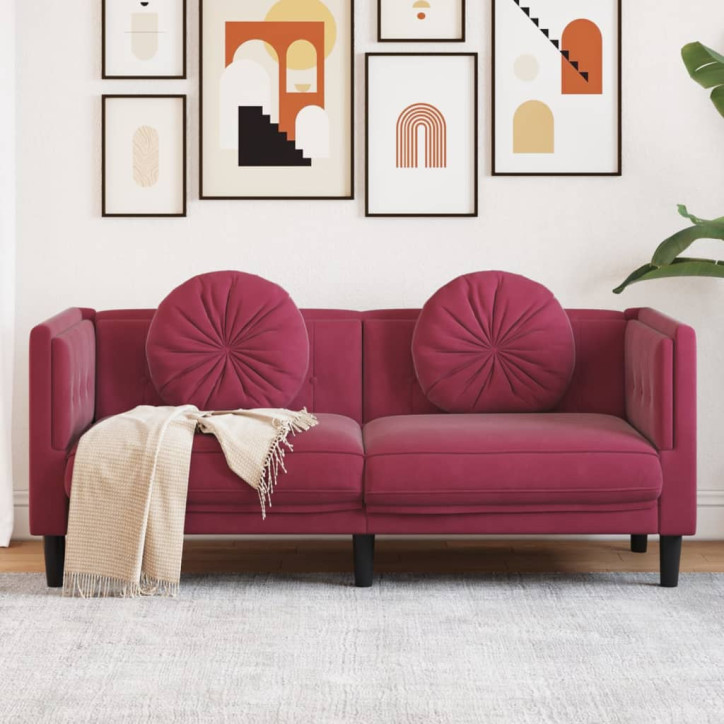 Dvivietė sofa su pagalvėlėmis, vyno raudonos spalvos, aksomas