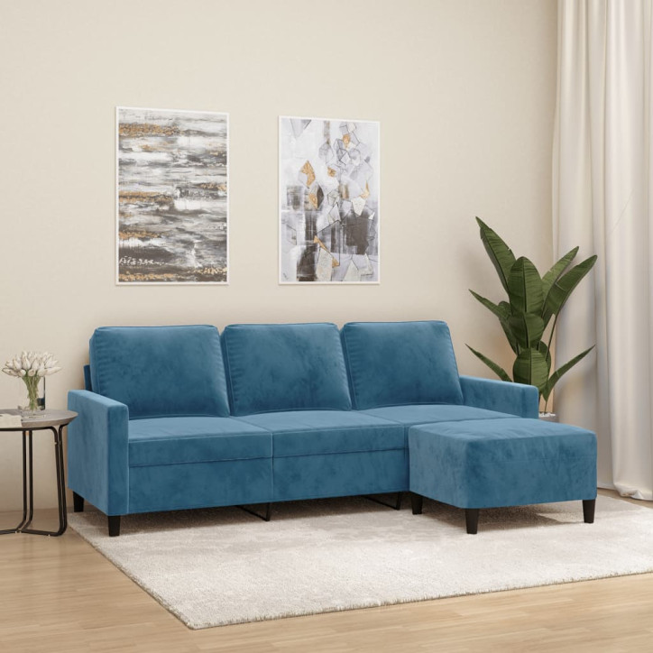 Trivietė sofa su pakoja, mėlynos spalvos, 180cm, aksomas