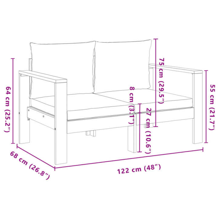 Dvivietė sodo sofa su pagalvėlėmis, akacijos medienos masyvas