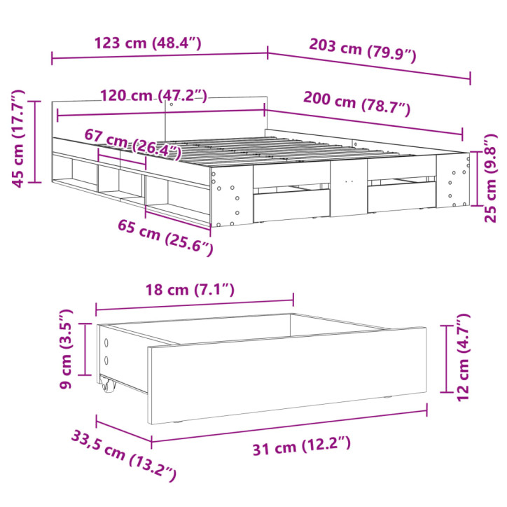 Lovos rėmas su stalčiais, ąžuolo, 120x200cm, apdirbta mediena