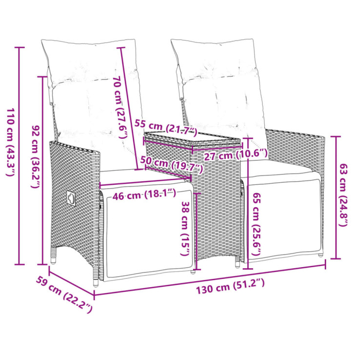 Atlošiama dvivietė sodo sofa su staliuku, juoda, poliratanas